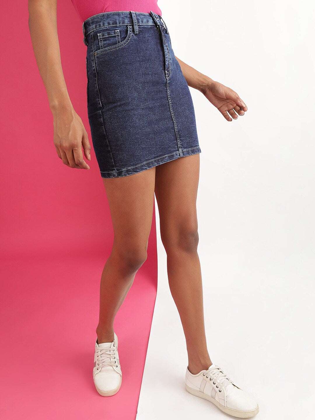 Shop Women Solid Black Short Denim Skirt Online.