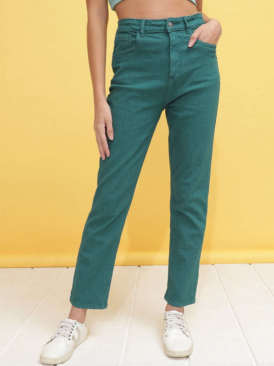 Shop Women Overdyed Straight Fit Denim Jeans Online.