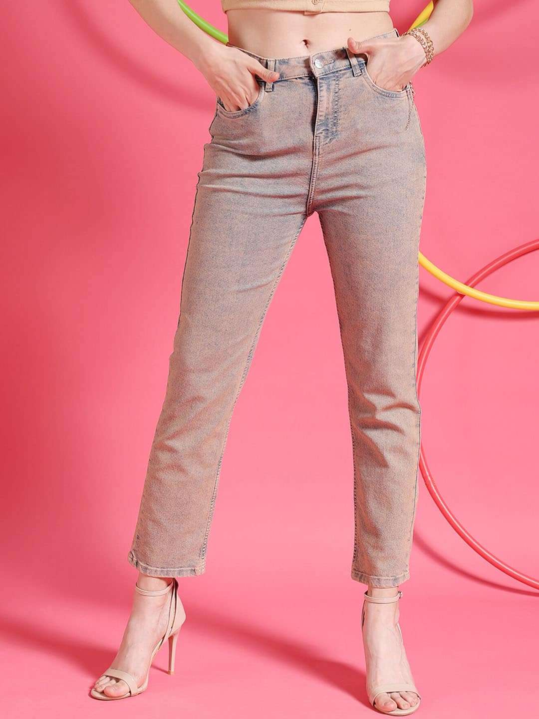 Shop Women Tinted Straight Fit Denim Jeans Online.