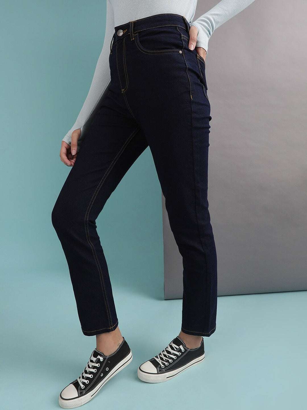 Shop Women Rinse Wash Straight Fit Denim Jeans Online.