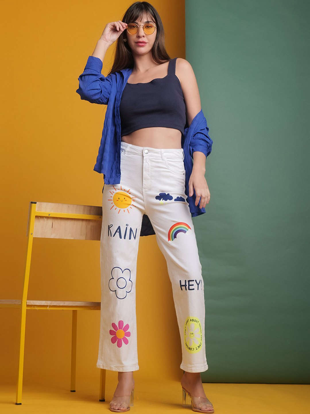 Shop Women Tinted Wide Leg Denim Jeans Online.