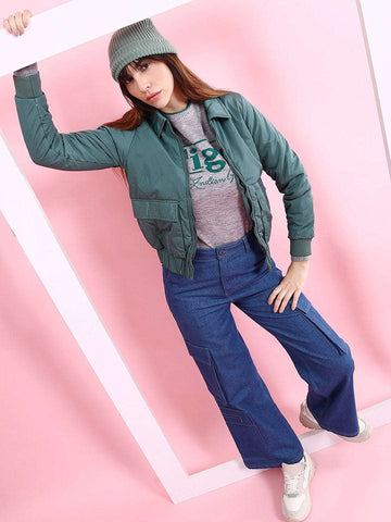 Shop Women Cargo Pocket Crop Winter Jacket Online.