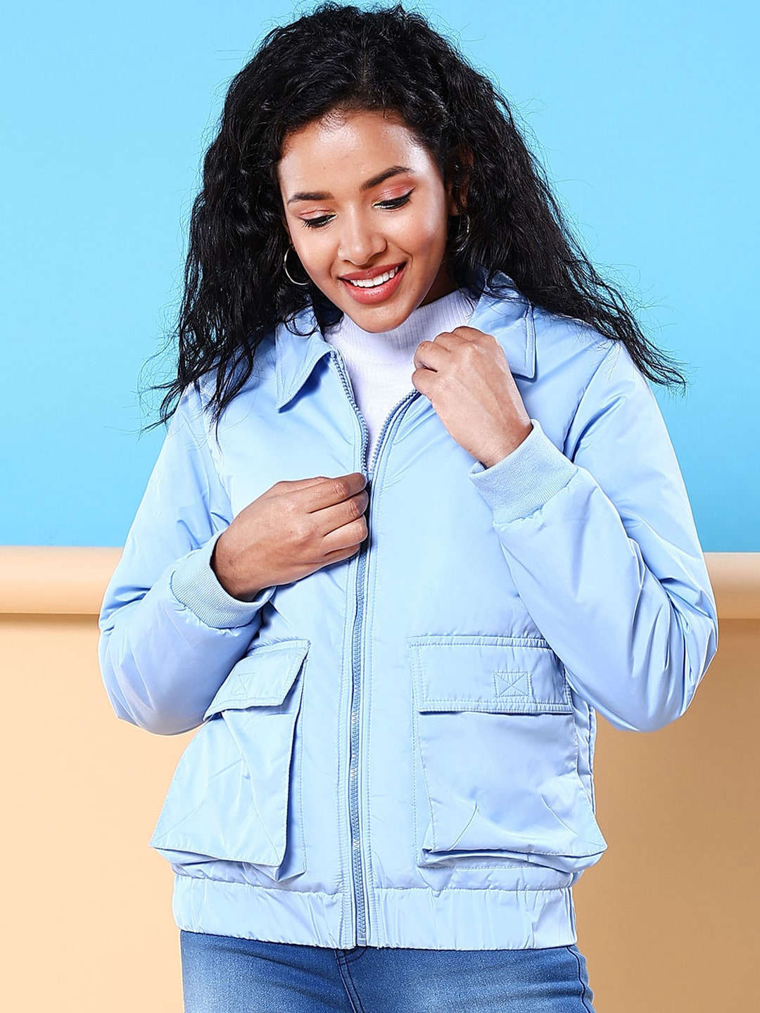 Shop Women Cargo Pocket Crop Winter Jacket Online.