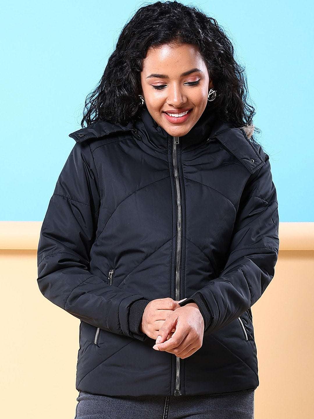 Shop Women Quilted Jacket With Fur Insert Online.