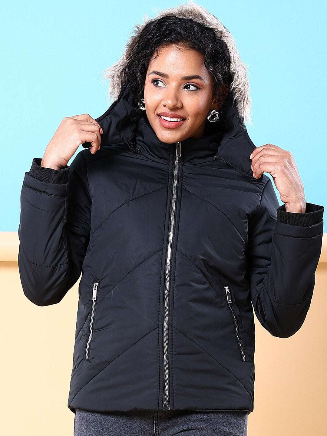 Shop Women Quilted Jacket With Fur Insert Online.