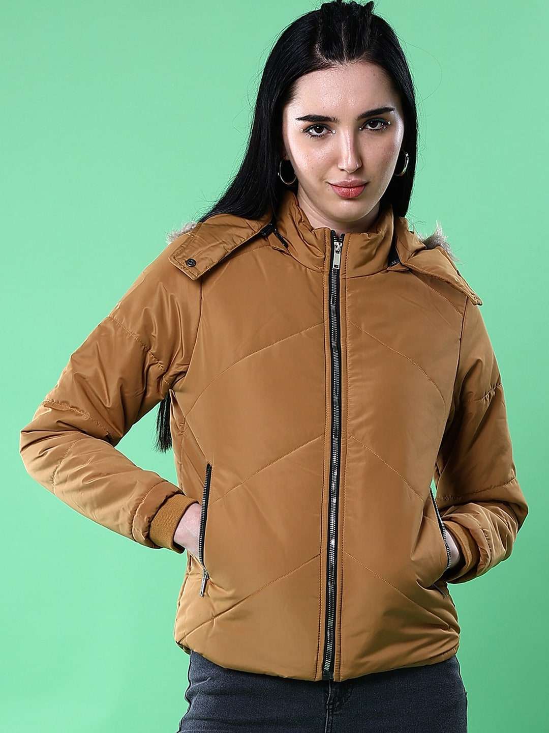 Shop Women Quilted Jacket With Fur Insert Online.