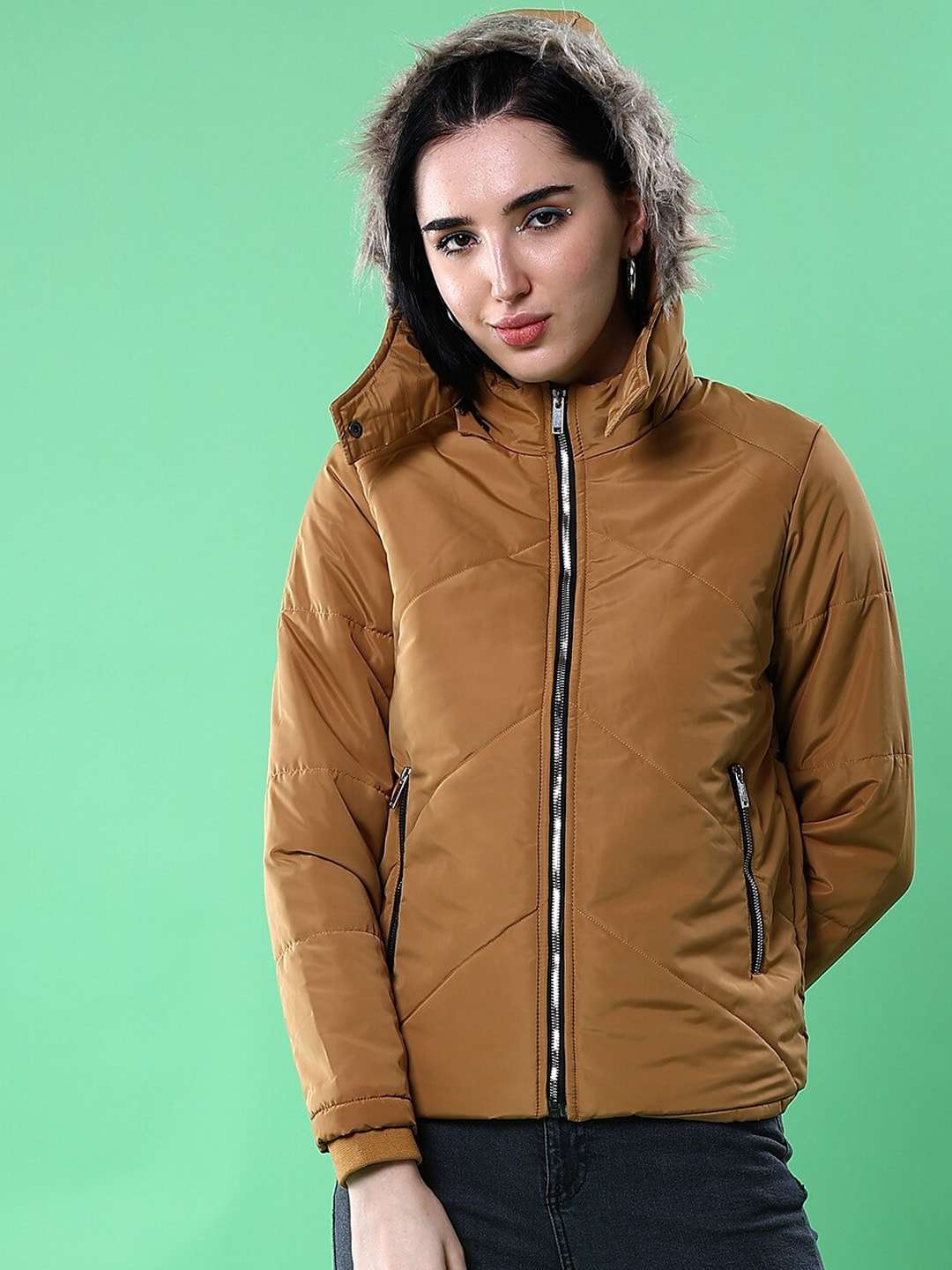 Shop Women Quilted Jacket With Fur Insert Online.