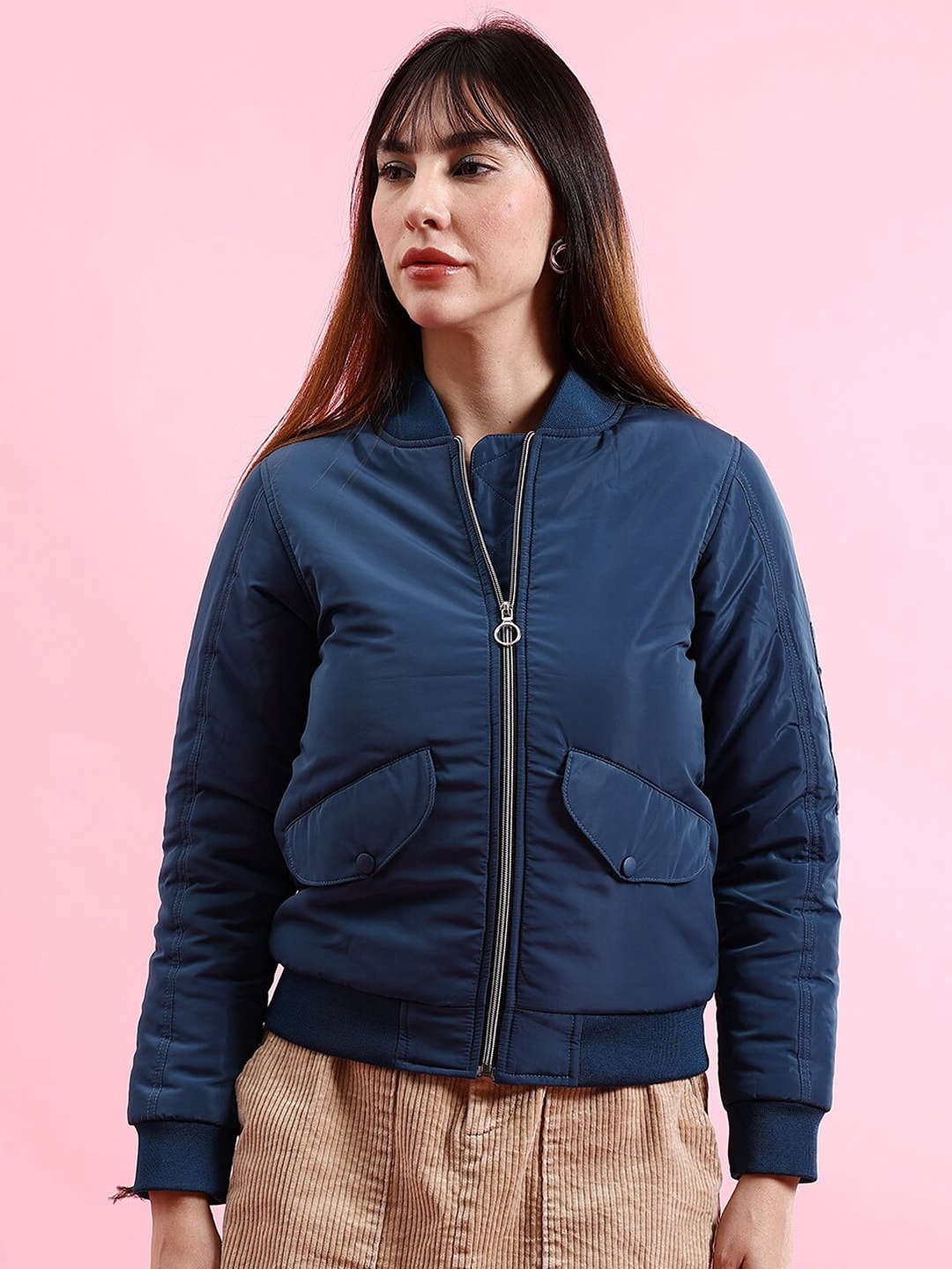 Shop Women Crop Bomber Jacket With Flap Pocket Online.