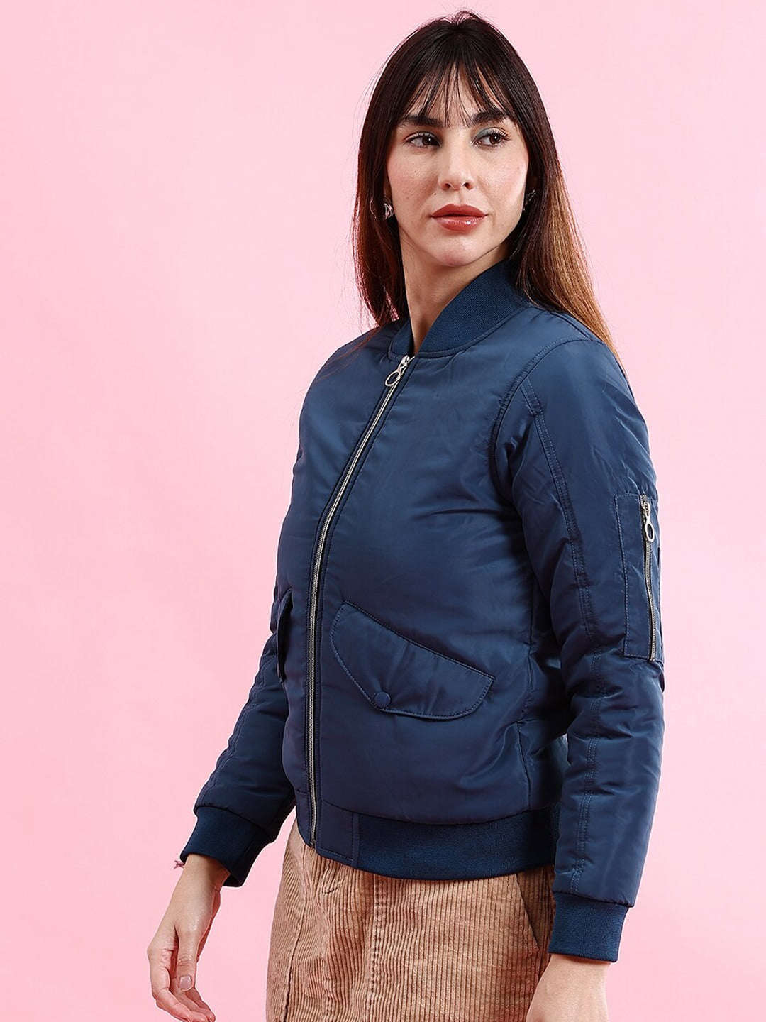 Shop Women Crop Bomber Jacket With Flap Pocket Online.