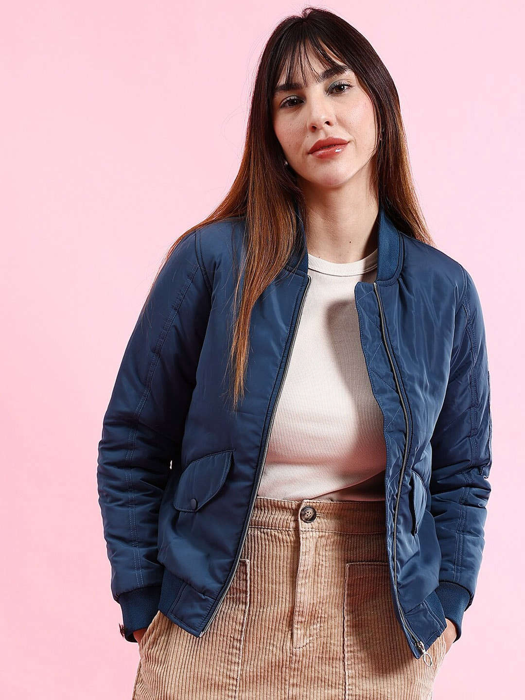 Shop Women Crop Bomber Jacket With Flap Pocket Online.