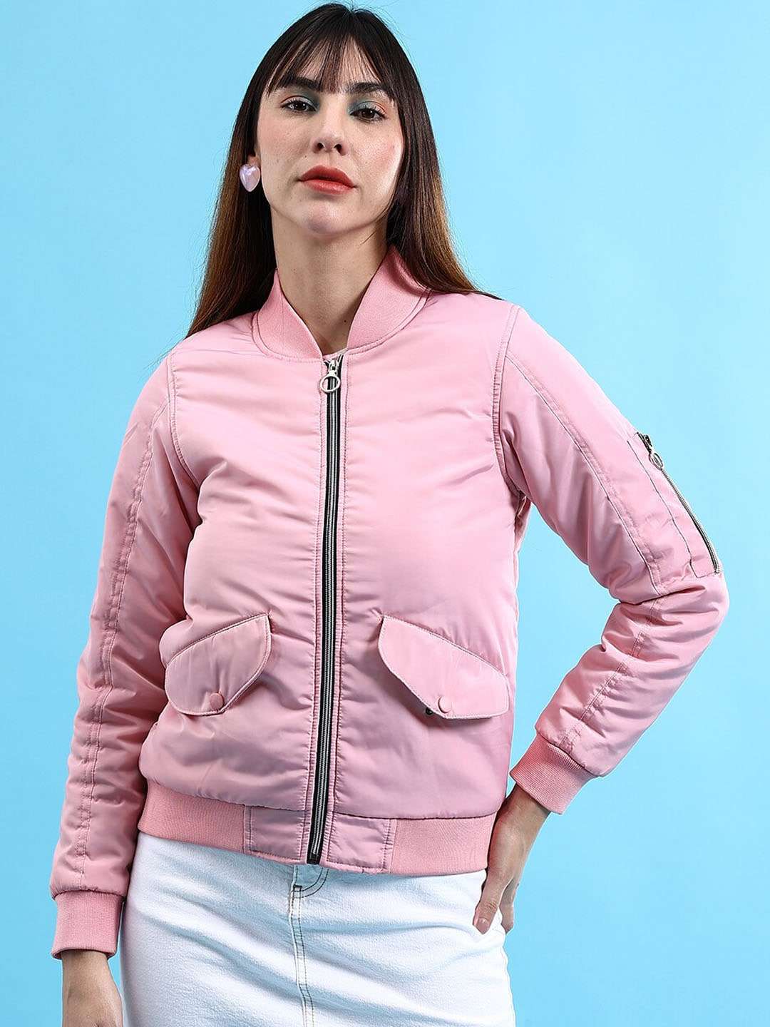 Shop Women Crop Bomber Jacket With Flap Pocket Online.