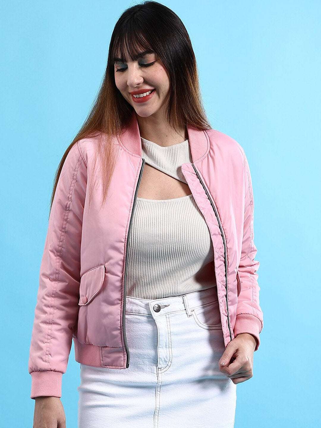 Shop Women Crop Bomber Jacket With Flap Pocket Online.