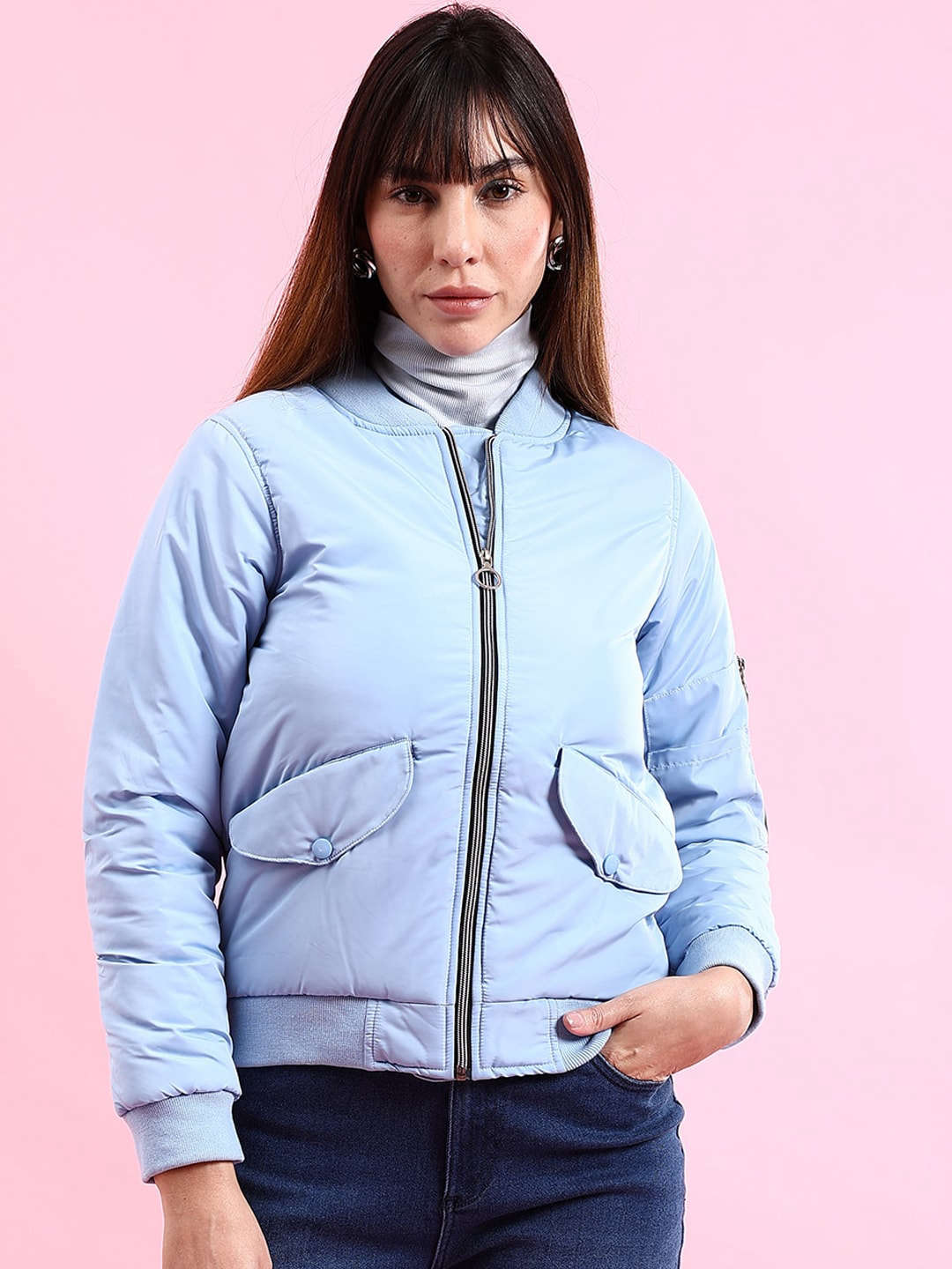 Shop Women Crop Bomber Jacket With Flap Pocket Online.