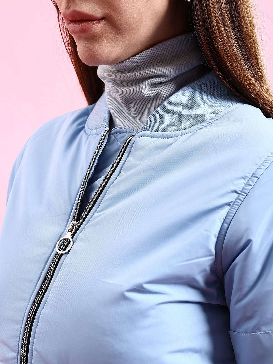 Shop Women Crop Bomber Jacket With Flap Pocket Online.