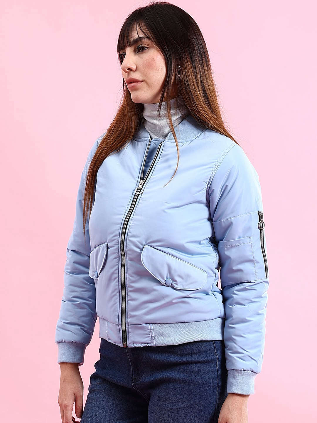 Shop Women Crop Bomber Jacket With Flap Pocket Online.