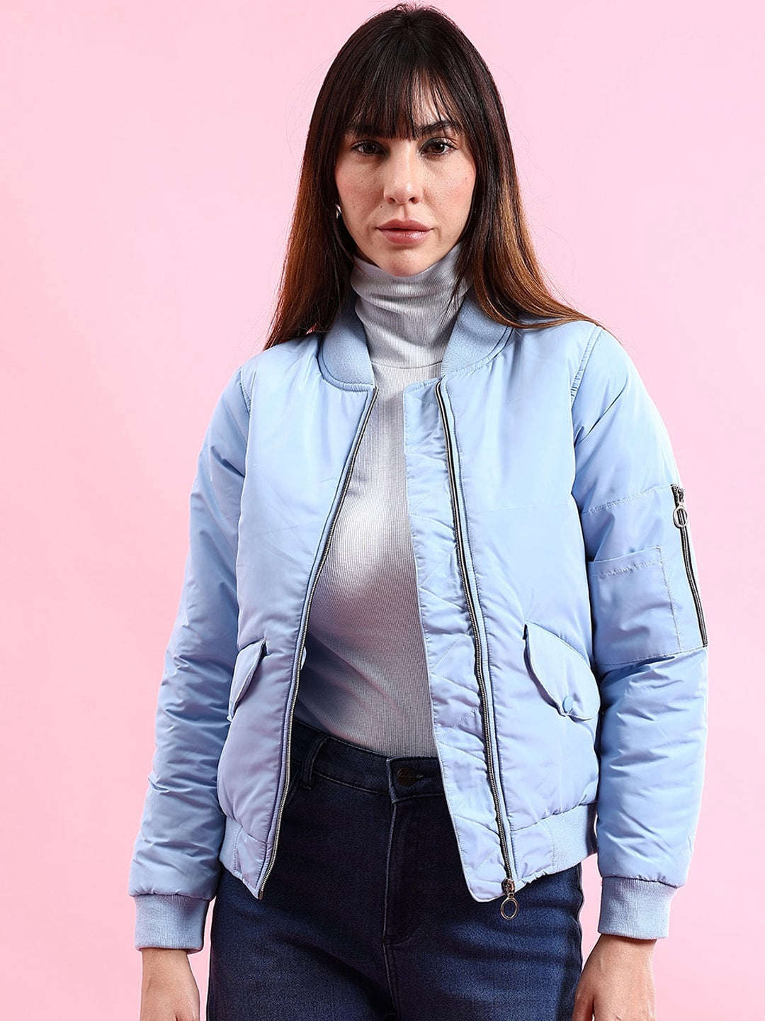 Shop Women Crop Bomber Jacket With Flap Pocket Online.