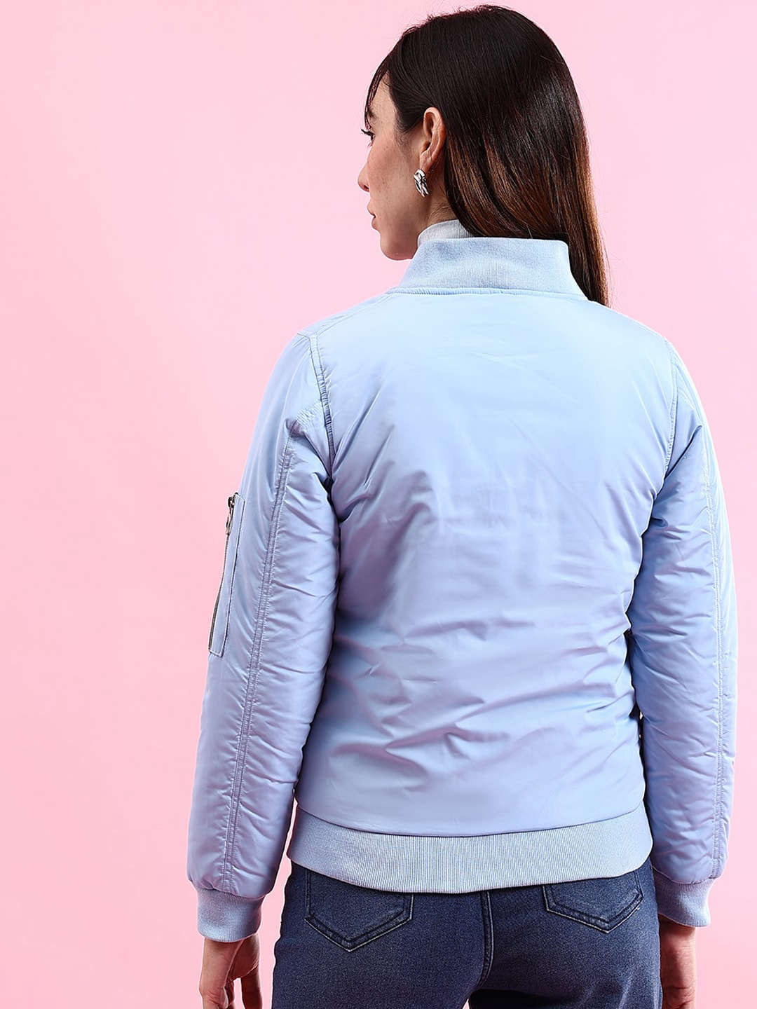 Shop Women Crop Bomber Jacket With Flap Pocket Online.