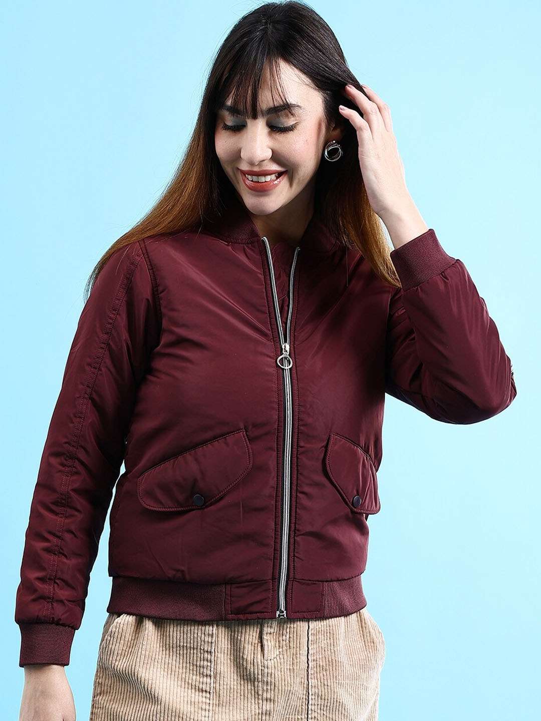 Shop Women Crop Bomber Jacket With Flap Pocket Online.