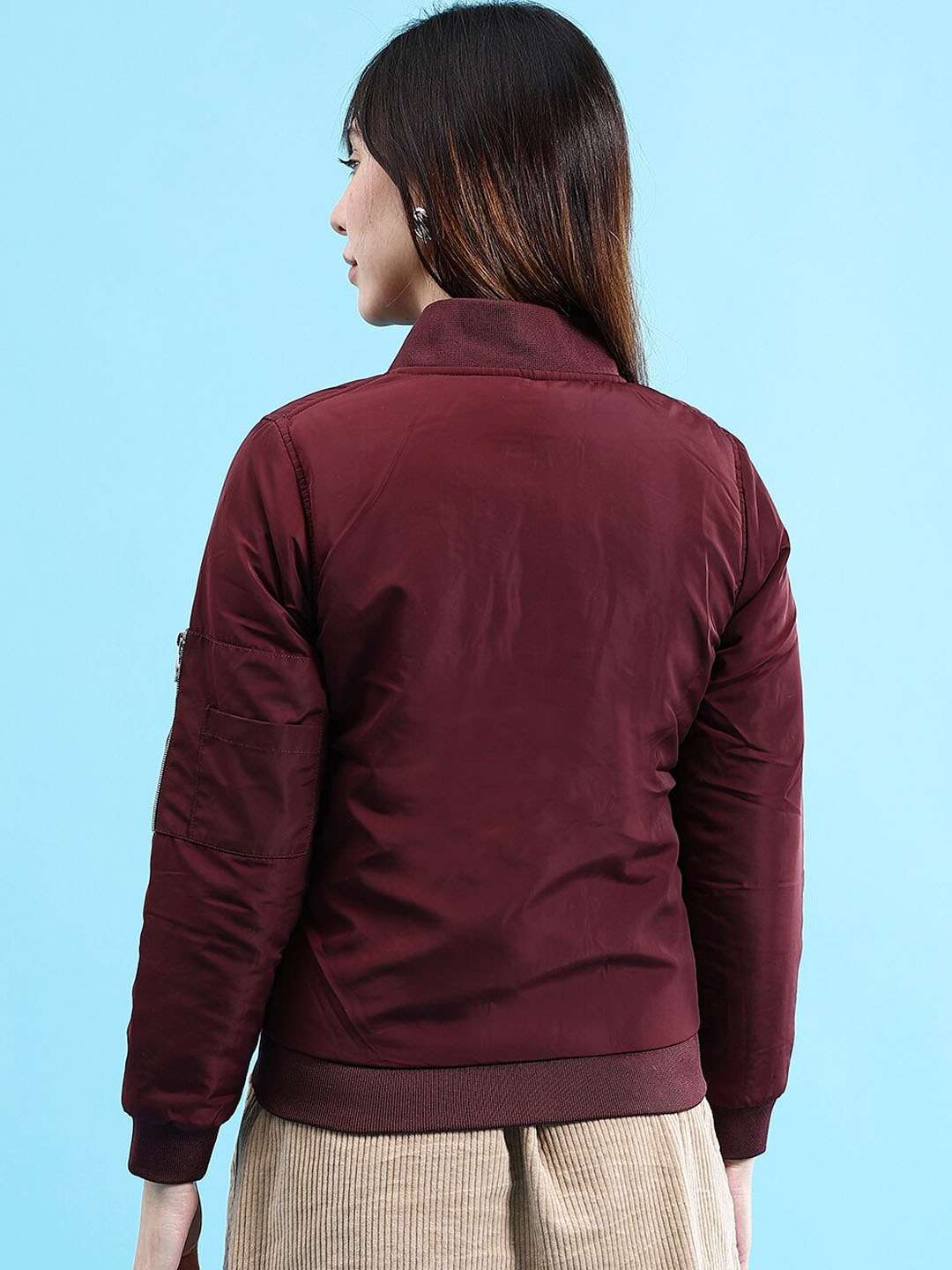 Shop Women Crop Bomber Jacket With Flap Pocket Online.