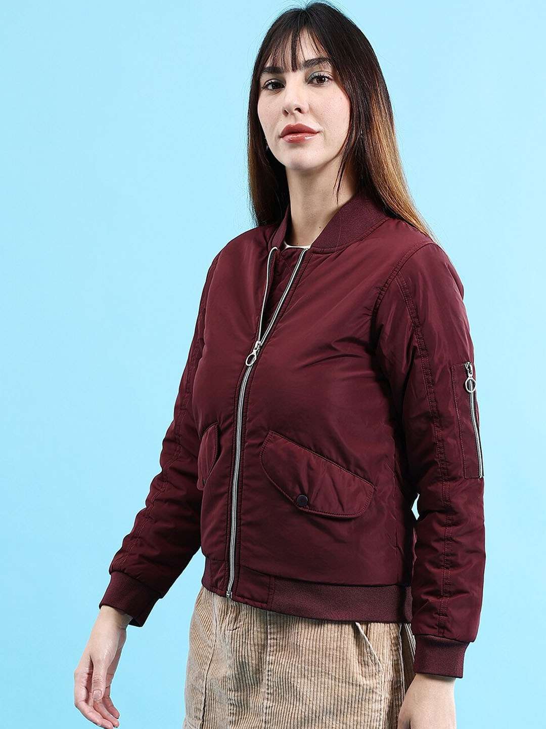 Shop Women Crop Bomber Jacket With Flap Pocket Online.