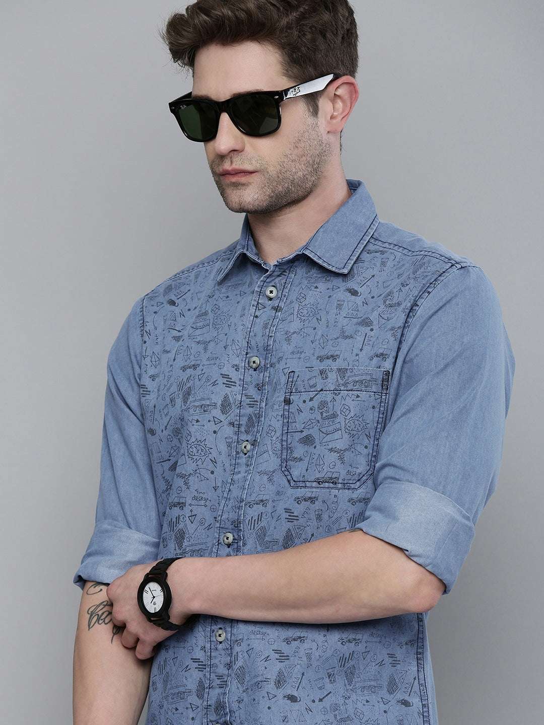 Shop The Indian Garage Co Men Blue Slim Fit Opaque Printed Casual Shirt Online.