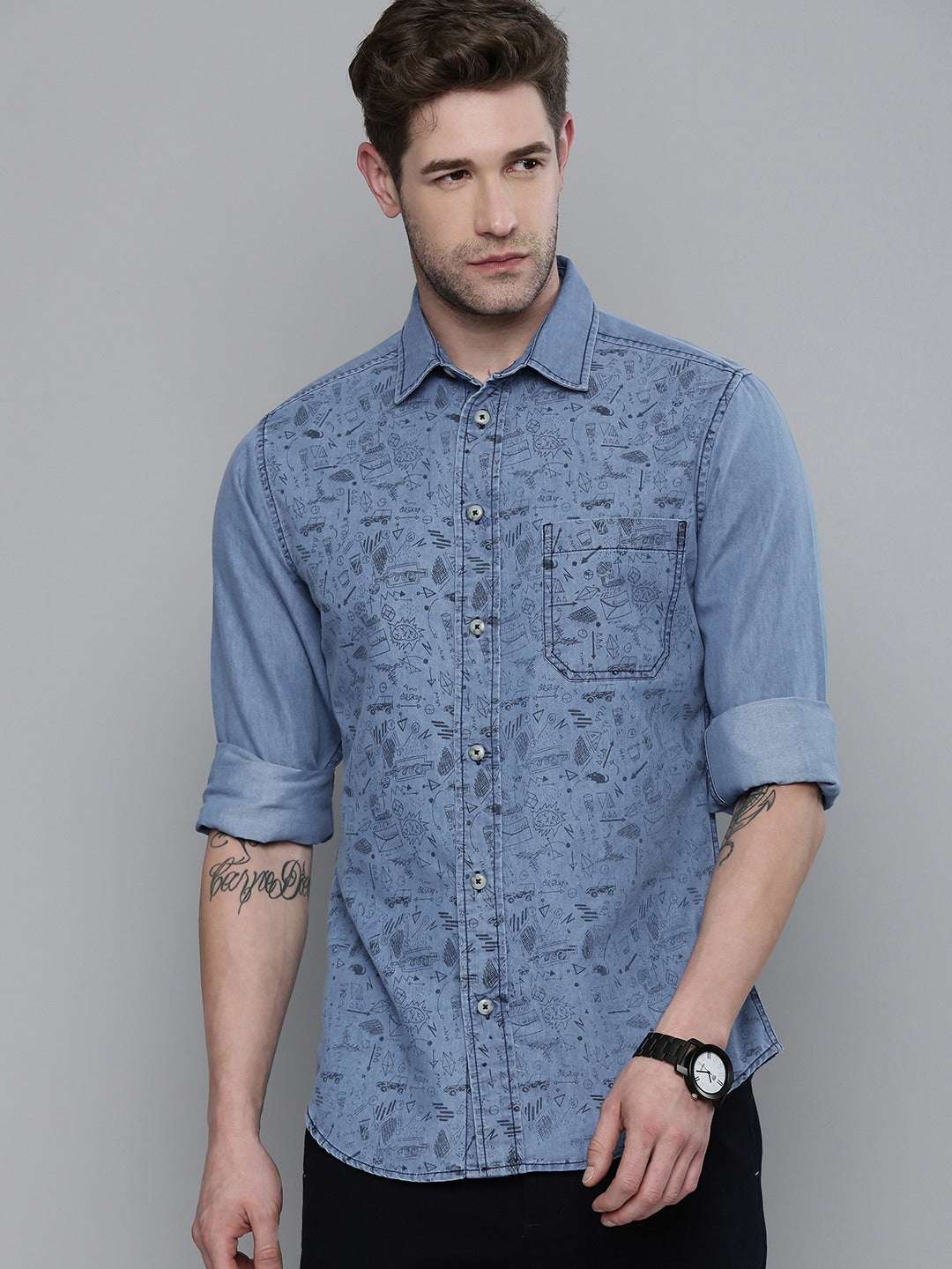 Shop The Indian Garage Co Men Blue Slim Fit Opaque Printed Casual Shirt Online.