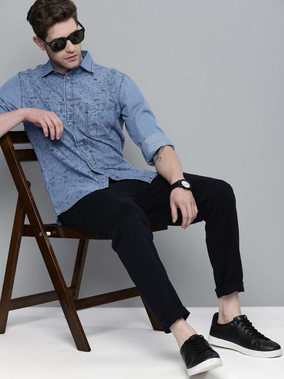 Shop The Indian Garage Co Men Blue Slim Fit Opaque Printed Casual Shirt Online.