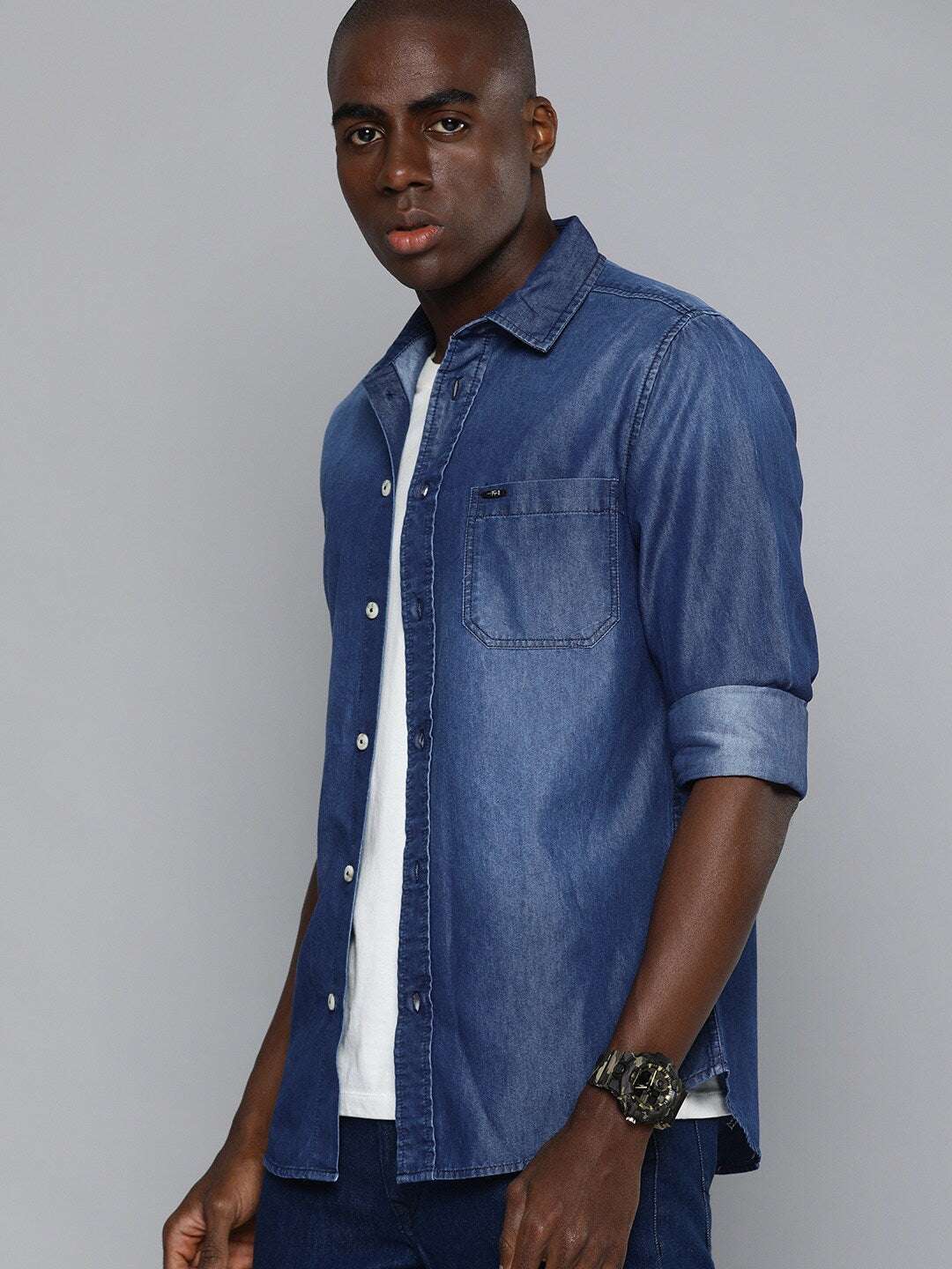 Shop The Indian Garage Co Men Blue Slim Fit Opaque Casual Shirt Online.