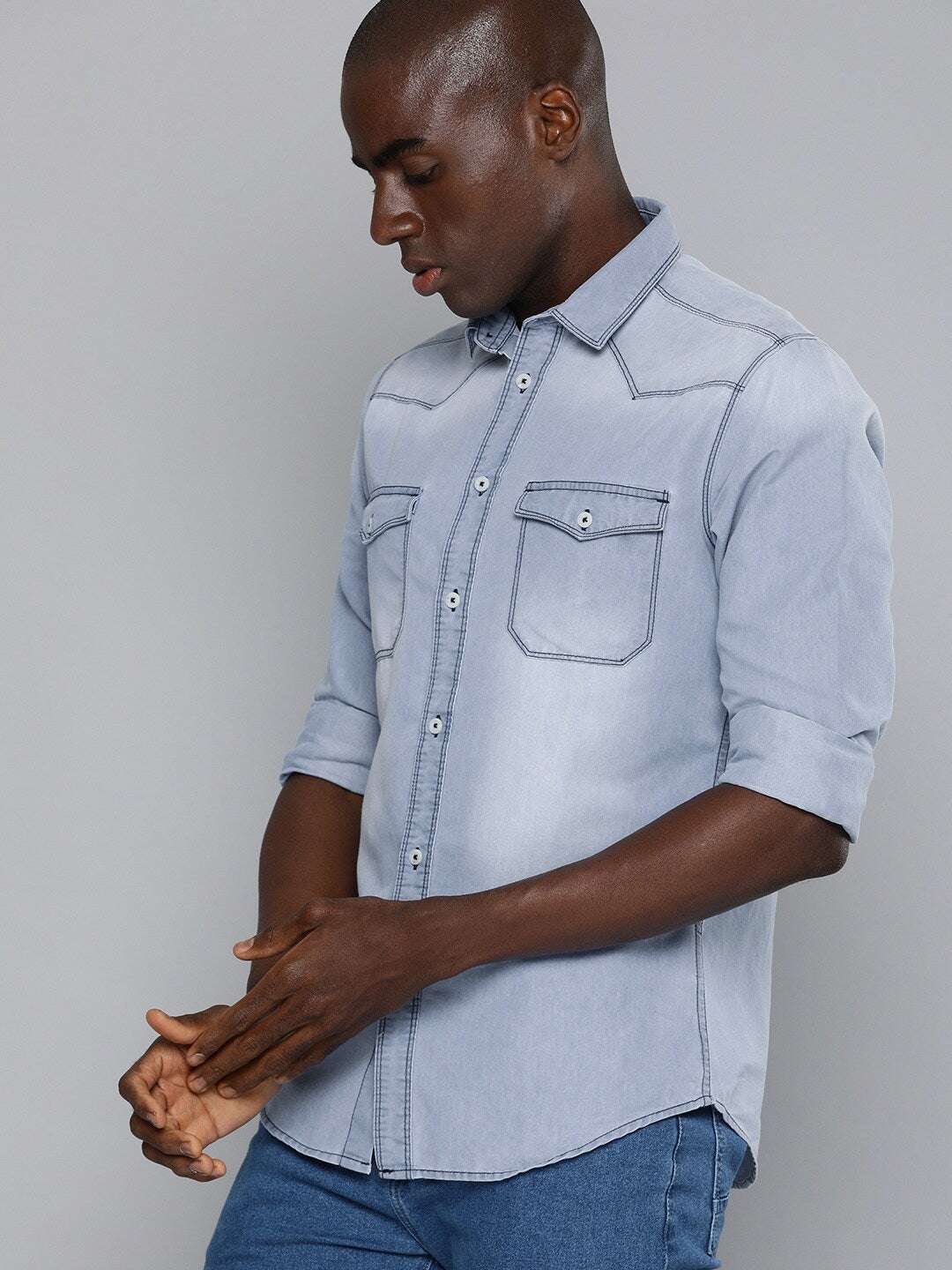 Shop The Indian Garage Co Men Blue Slim Fit Opaque Casual Shirt Online.