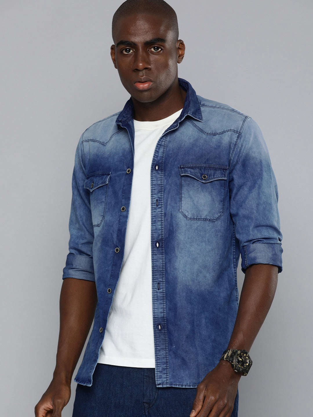 Shop The Indian Garage Co Men Blue Slim Fit Faded Opaque Casual Shirt Online.