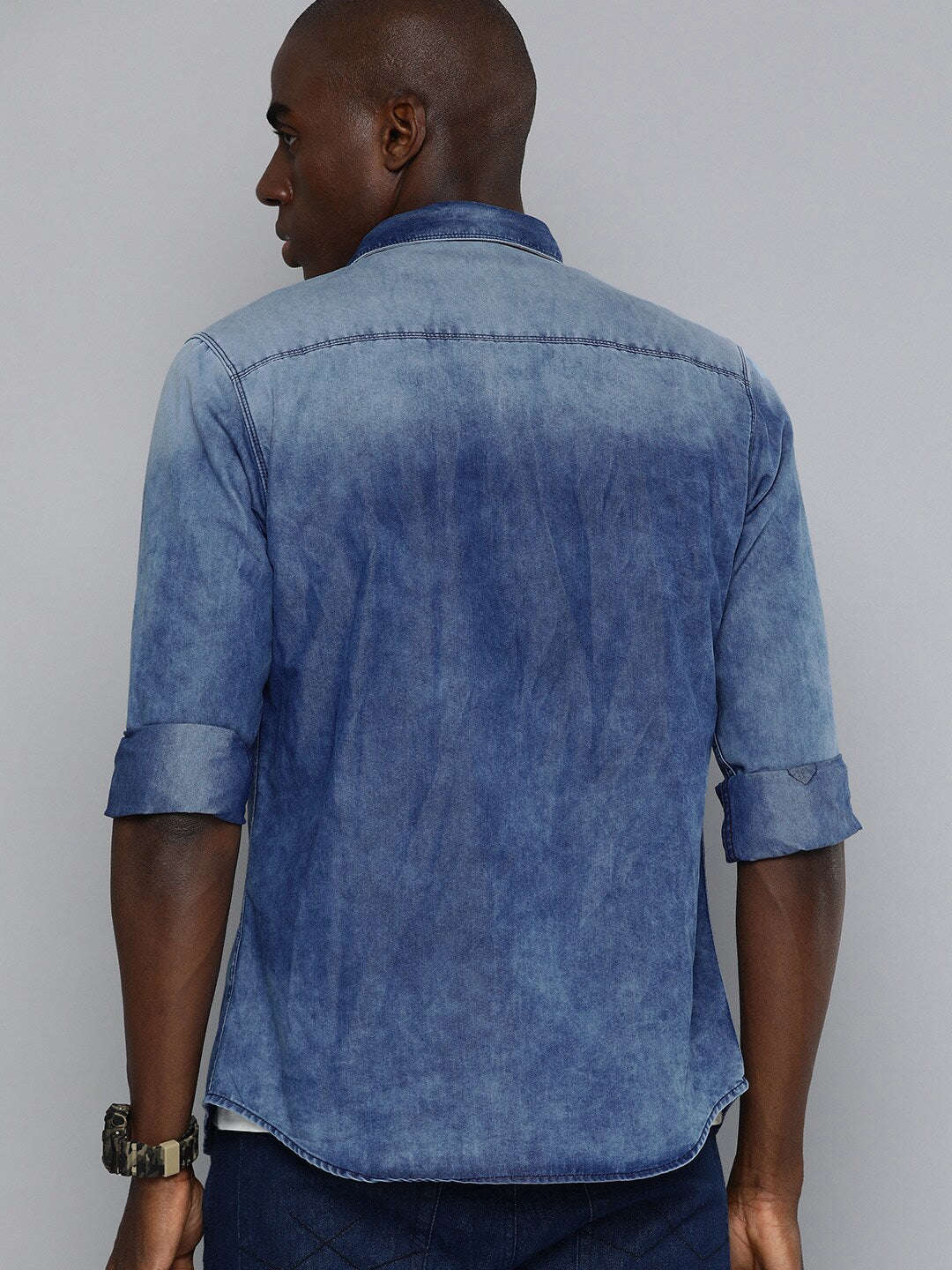 Shop The Indian Garage Co Men Blue Slim Fit Faded Opaque Casual Shirt Online.