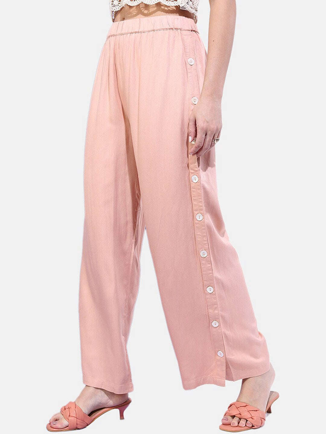 Shop Women Solid Buttoned Wide Leg Pant Online.