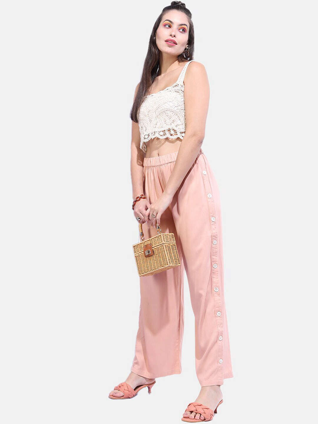 Shop Women Solid Buttoned Wide Leg Pant Online.