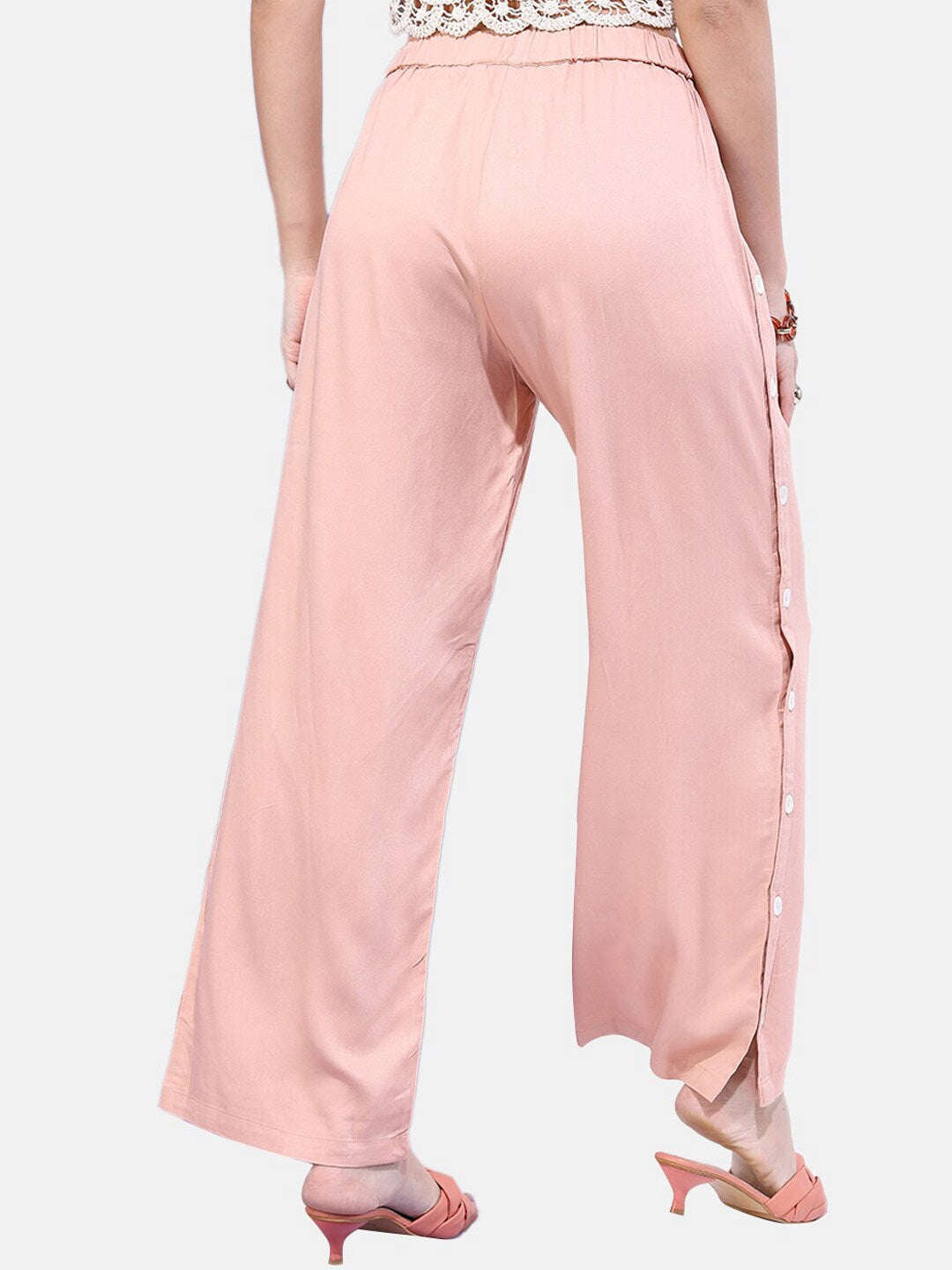 Shop Women Solid Buttoned Wide Leg Pant Online.