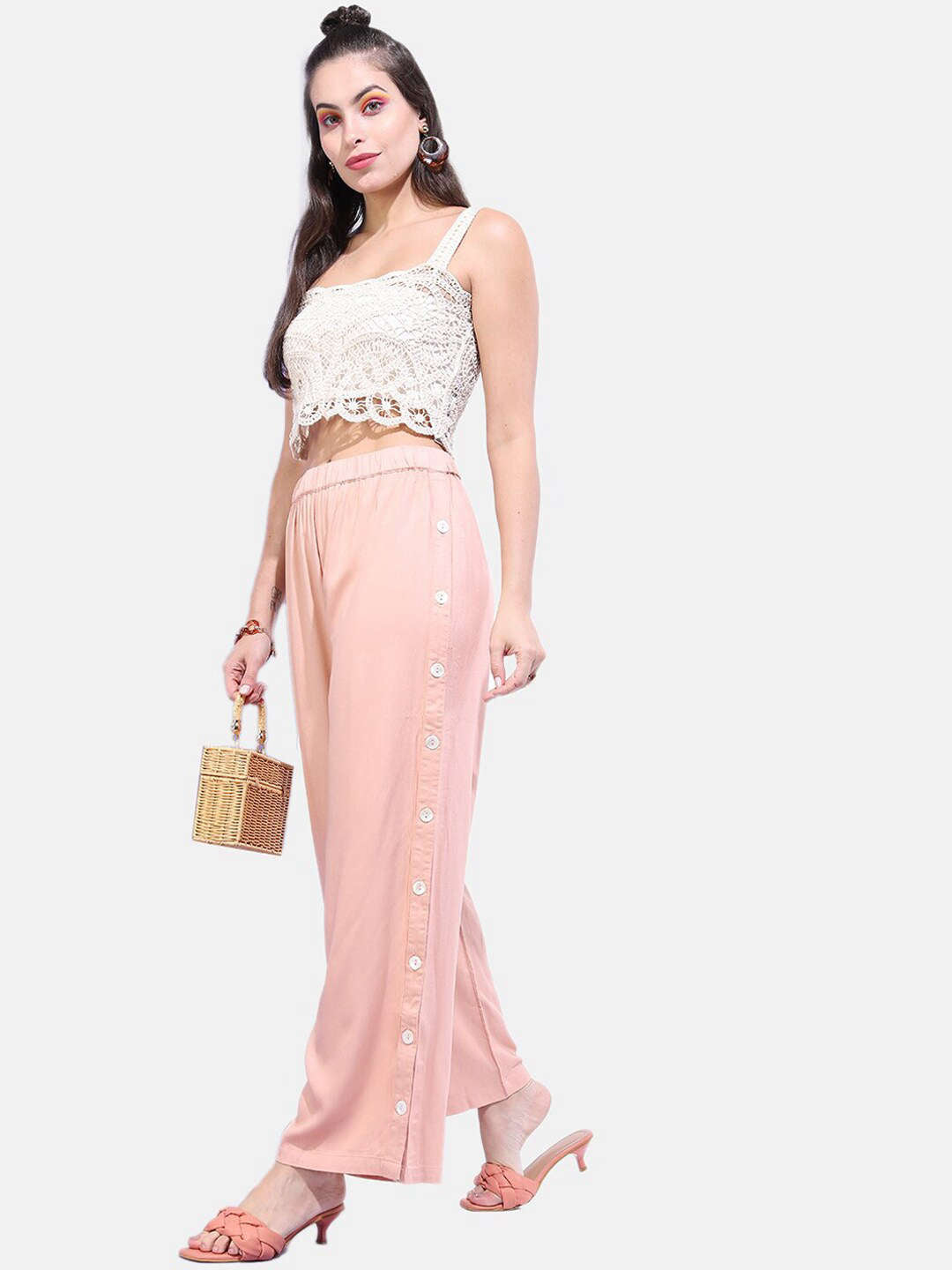 Shop Women Solid Buttoned Wide Leg Pant Online.