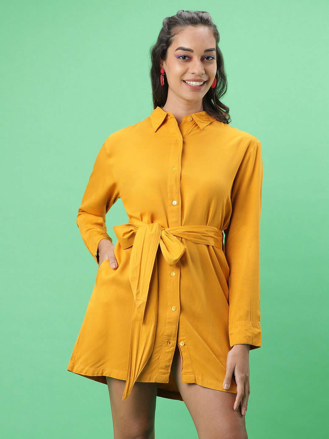 Shop Women Solid Shirt Dress With Front Tie-Up Online.