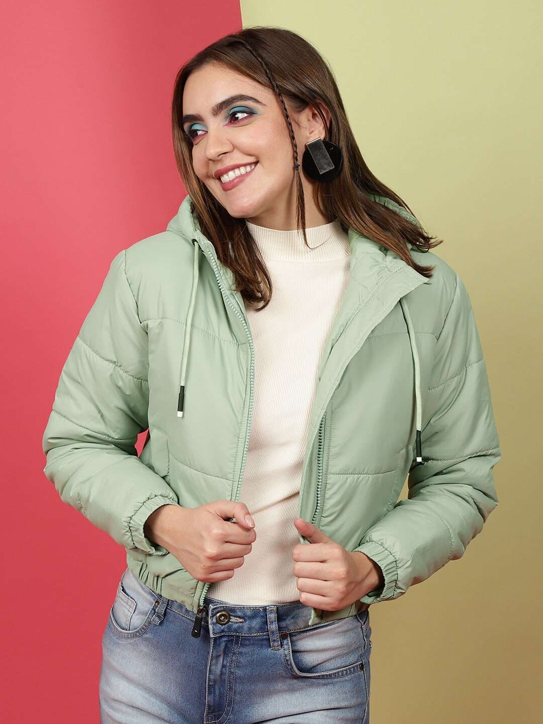 Shop Women Crop Jacket With Hood Online.