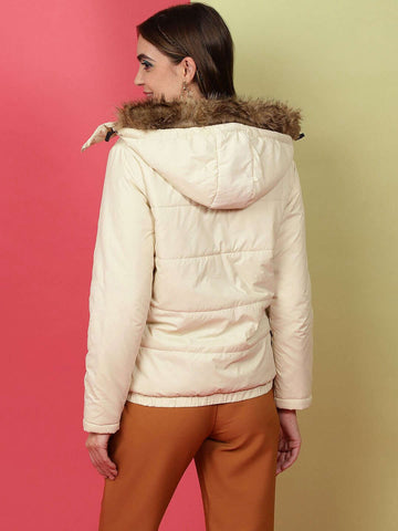 Shop Women Quilted Hooded Jacket With Faux Fur Online.