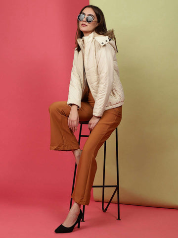 Shop Women Quilted Hooded Jacket With Faux Fur Online.