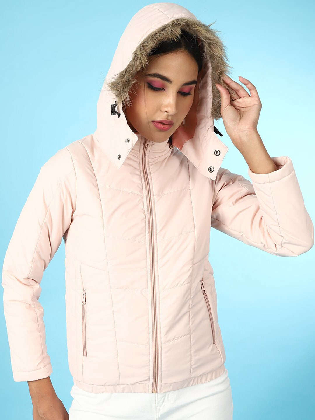 Shop Women Quilted Hooded Jacket With Faux Fur Online.