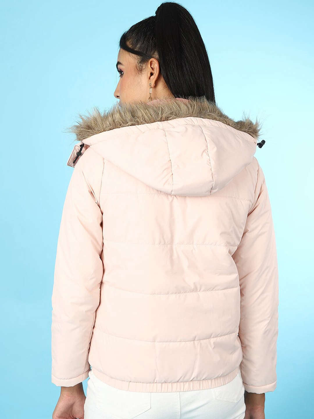 Shop Women Quilted Hooded Jacket With Faux Fur Online.