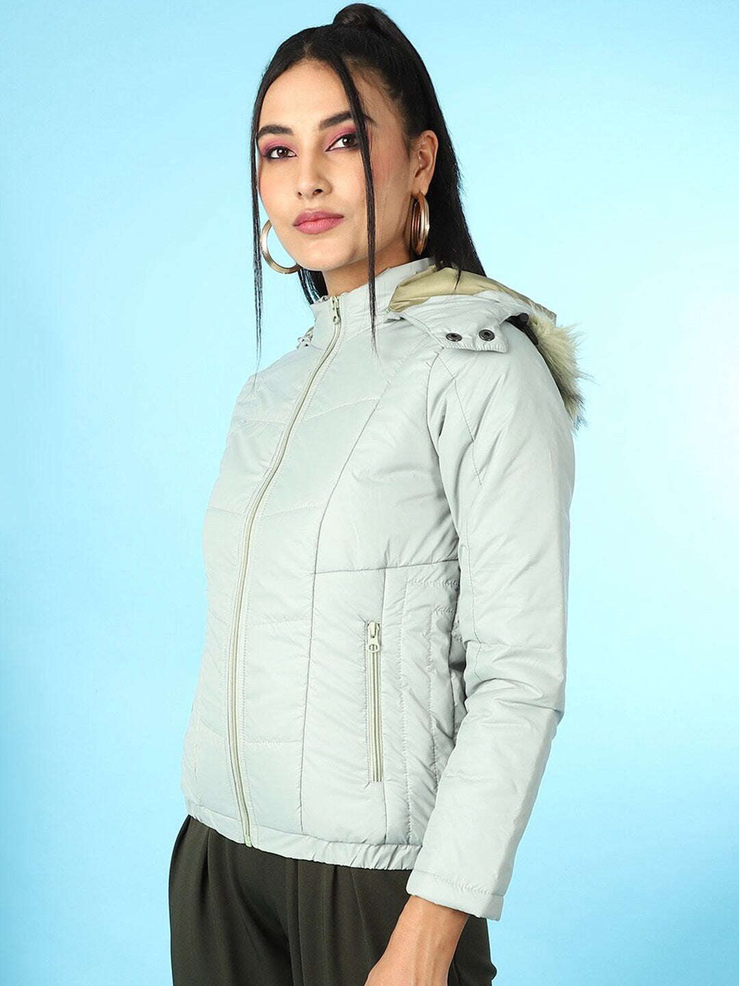 Shop Women Quilted Hooded Jacket With Faux Fur Online.