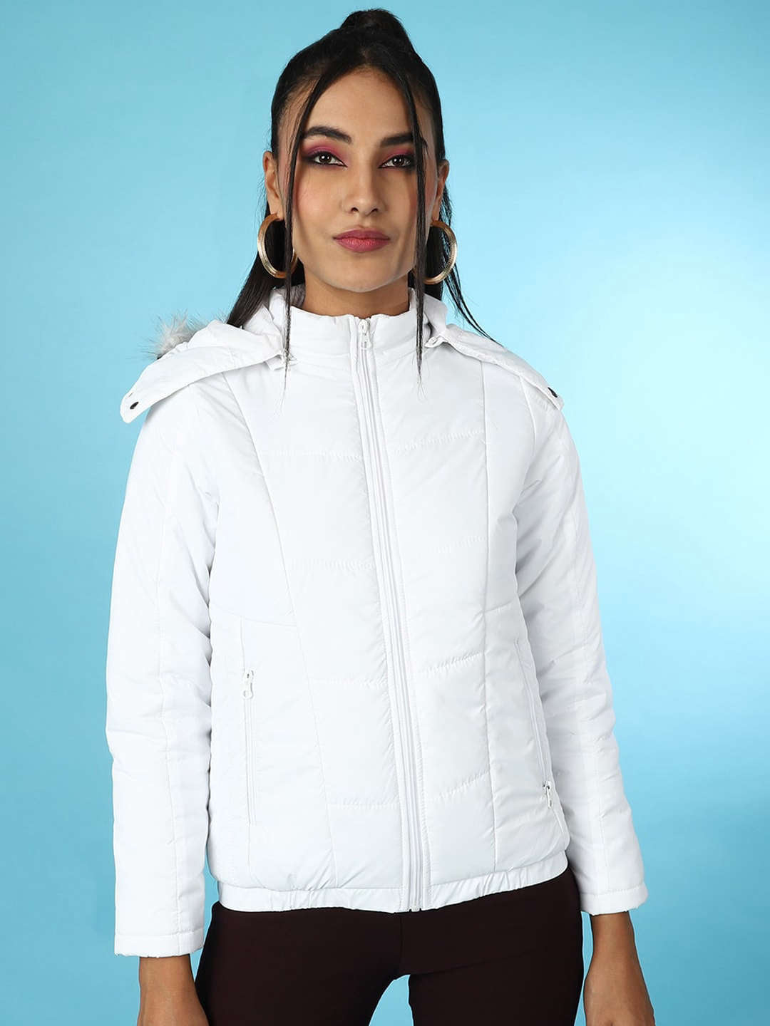 Shop Women Quilted Hooded Jacket With Faux Fur Online.