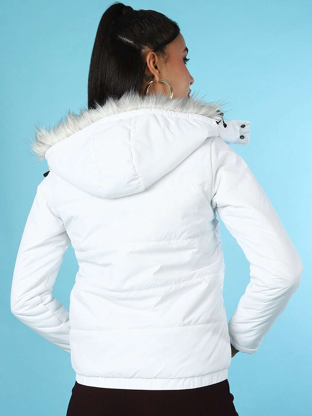 Shop Women Quilted Hooded Jacket With Faux Fur Online.