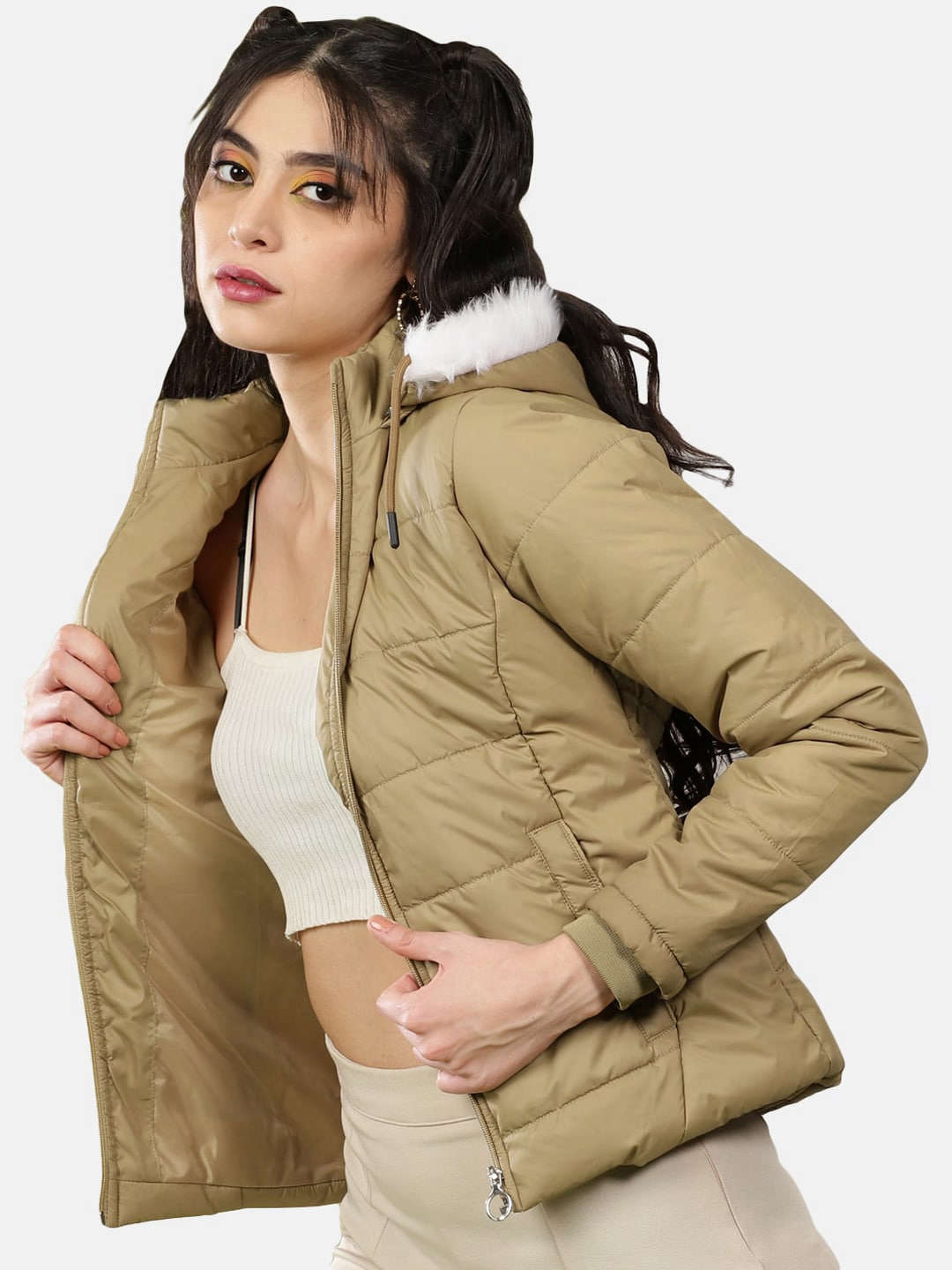 Shop Women Shaped Puffer Jacket With Fur Insert At Hood Online.