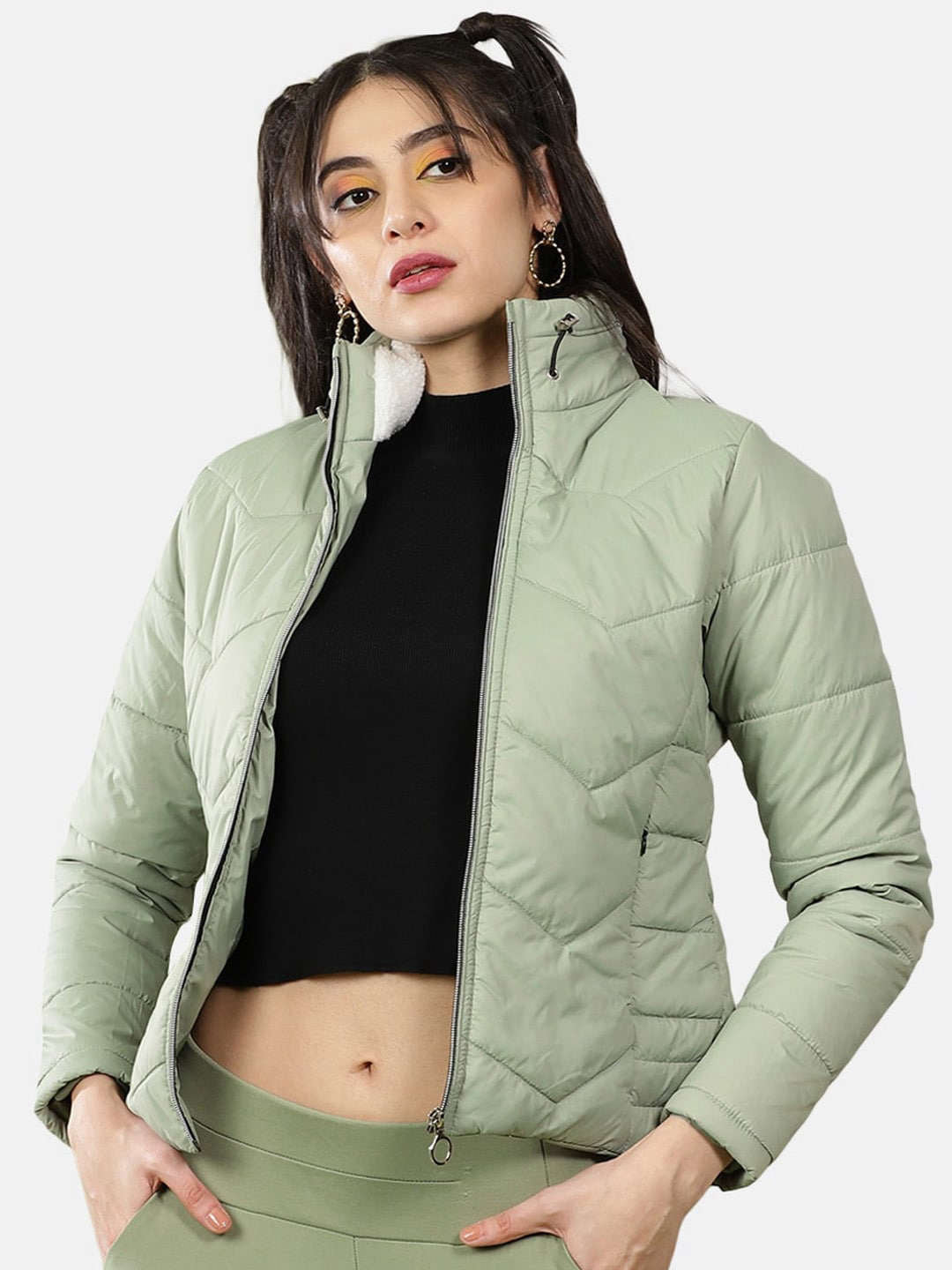 Shop Women High Neck Zip Front Puffer Jacket Online.