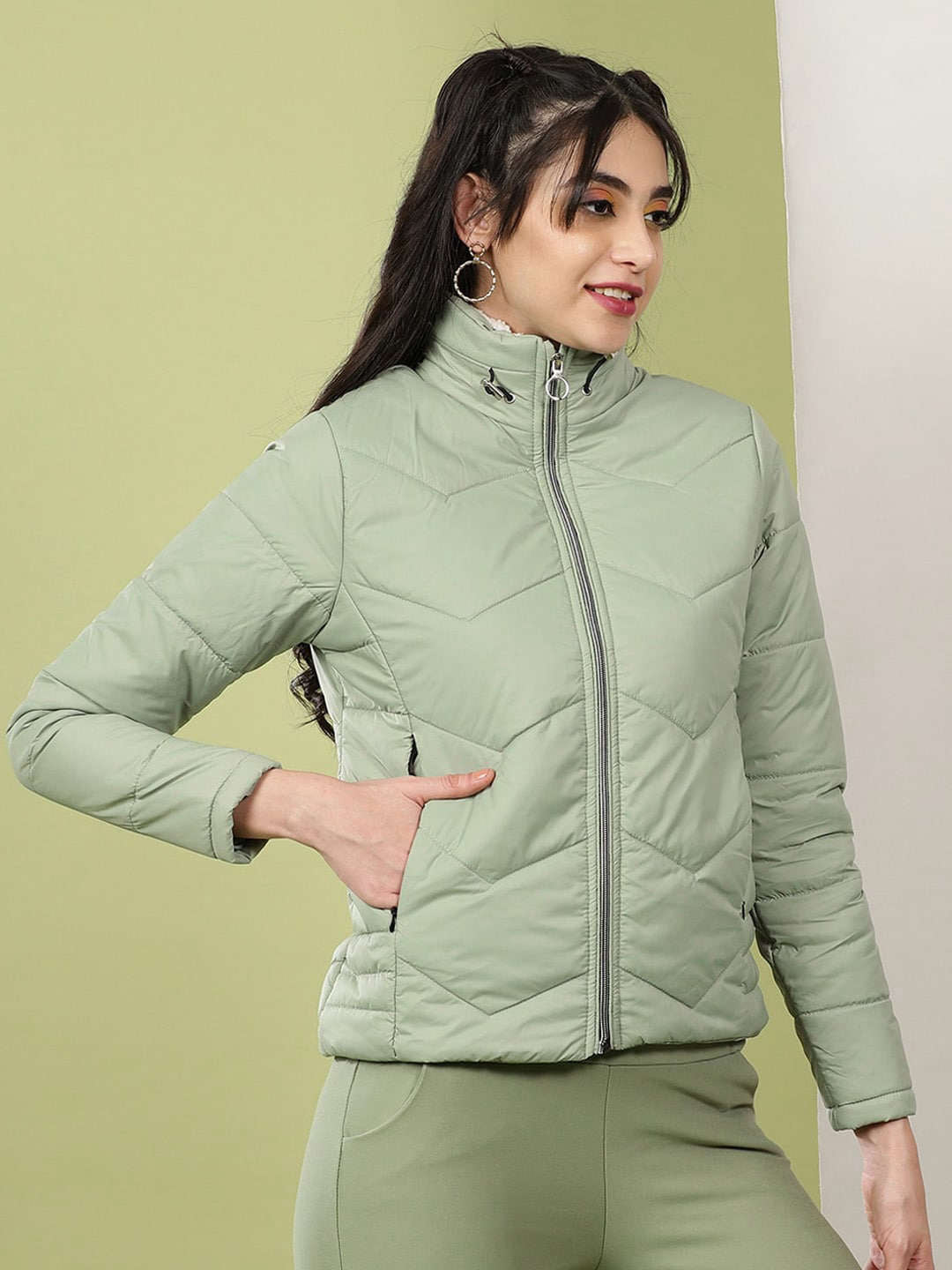 Shop Women High Neck Zip Front Puffer Jacket Online.