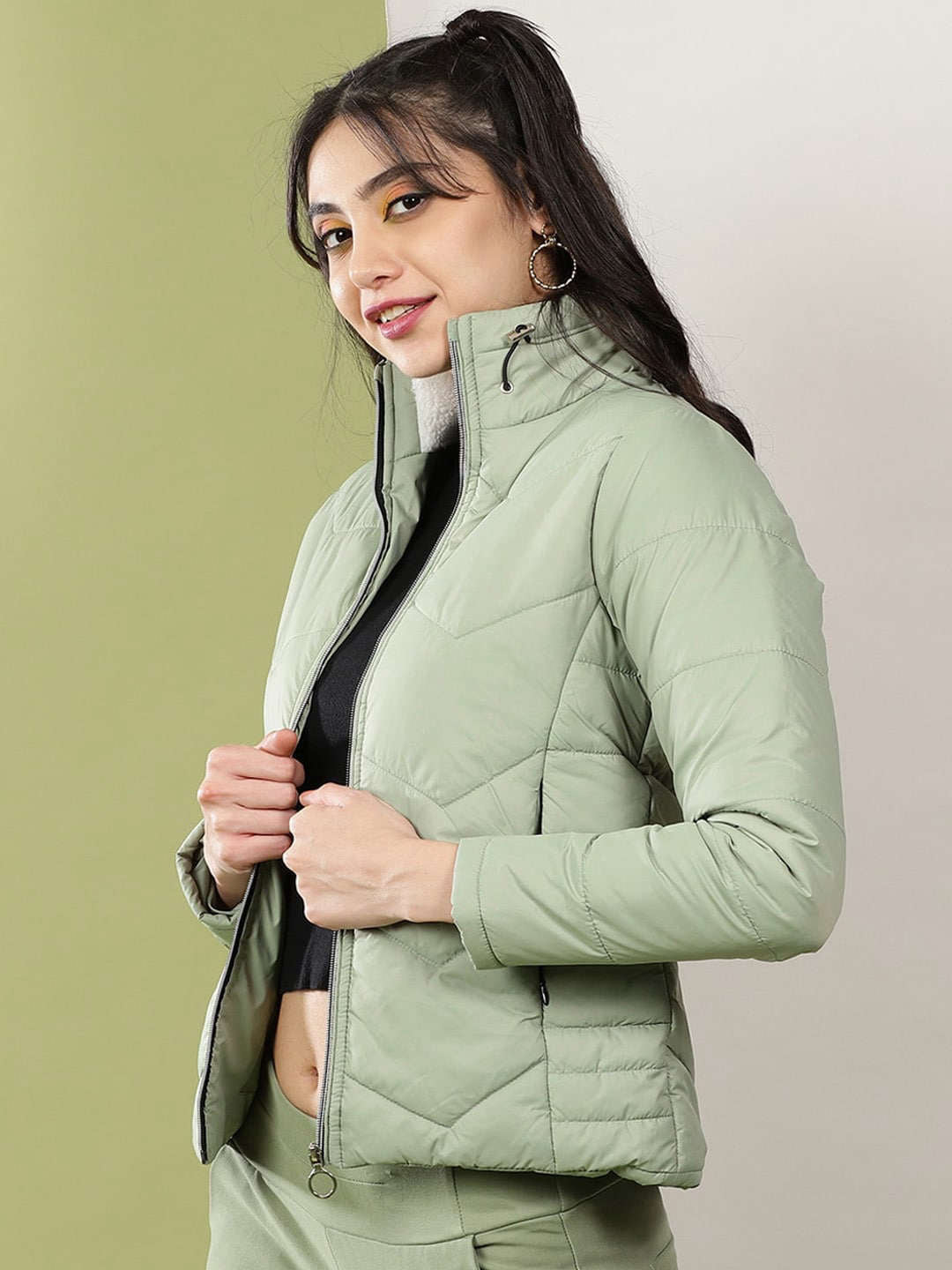 Shop Women High Neck Zip Front Puffer Jacket Online.