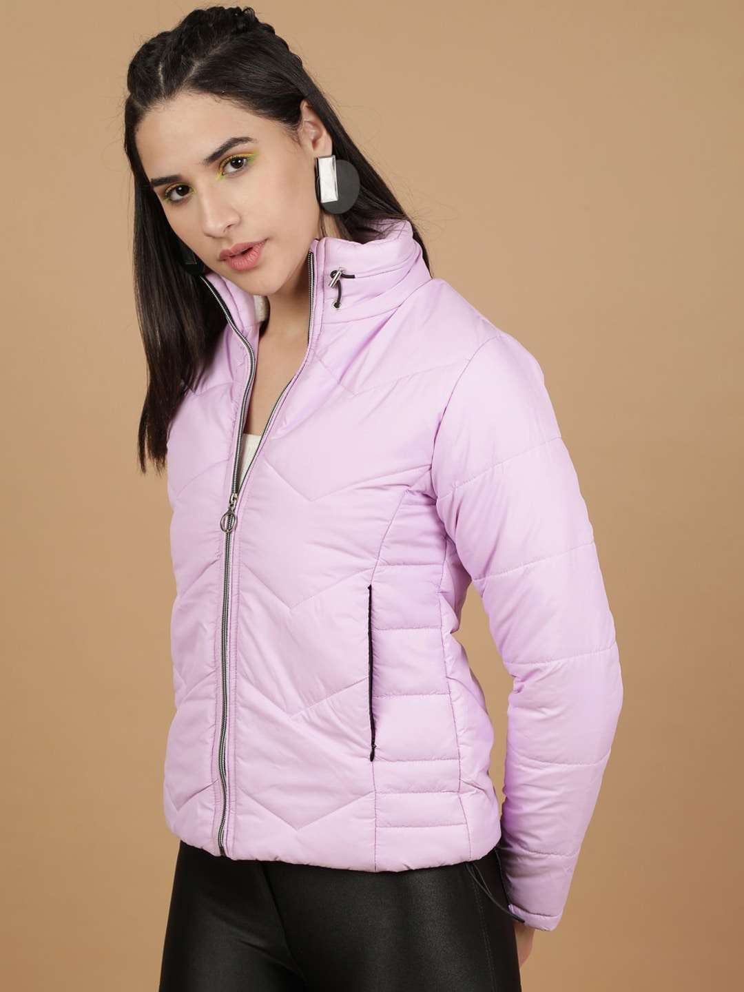 Shop Women High Neck Zip Front Puffer Jacket Online.