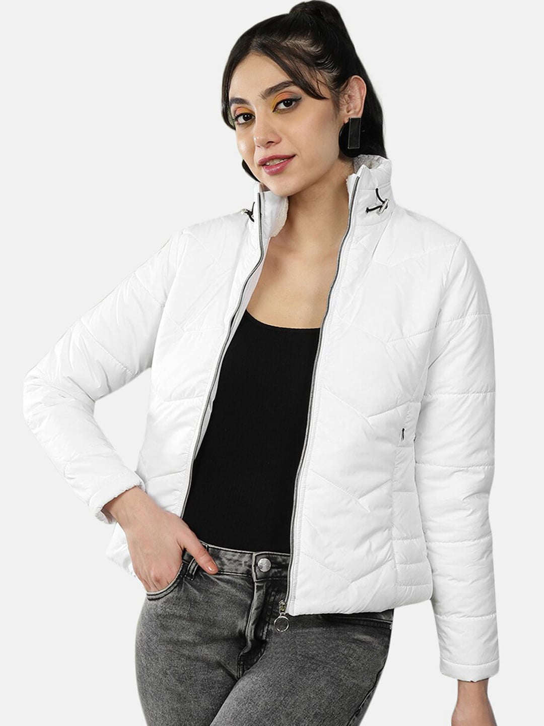 Shop Women High Neck Zip Front Puffer Jacket Online.